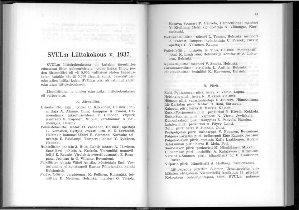 koht i. Jäsenliittojen edustajien lisäksi kukin SVUL:n piiri oli valinnut yhden edustaj an liittokokoukseen. Jäsenliittojen ja piirien edustajiksi liittokokouksissa oli valtuutettu: A. JäsenLiitot.