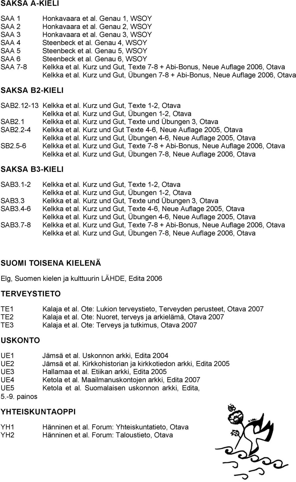 Kurz und Gut, Übungen 7-8 + Abi-Bonus, Neue Auflage 2006, Otava SAKSA B2-KIELI SAB2.12-13 Kelkka et al. Kurz und Gut, Texte 1-2, Otava Kelkka et al. Kurz und Gut, Übungen 1-2, Otava SAB2.