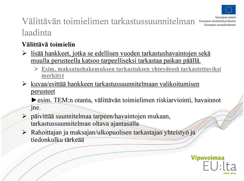 maksatushakemuksen tarkastuksen yhteydessä tarkastettaviksi merkityt kuvaa/esittää hankkeen tarkastussuunnitelmaan valikoitumisen perusteet esim.