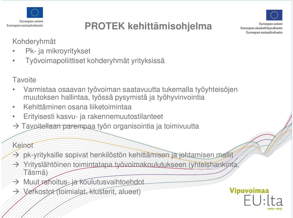 rakennemuutostilanteet Tavoitellaan parempaa työn organisointia ja toimivuutta Keinot pk-yrityksille sopivat henkilöstön kehittämisen ja johtamisen