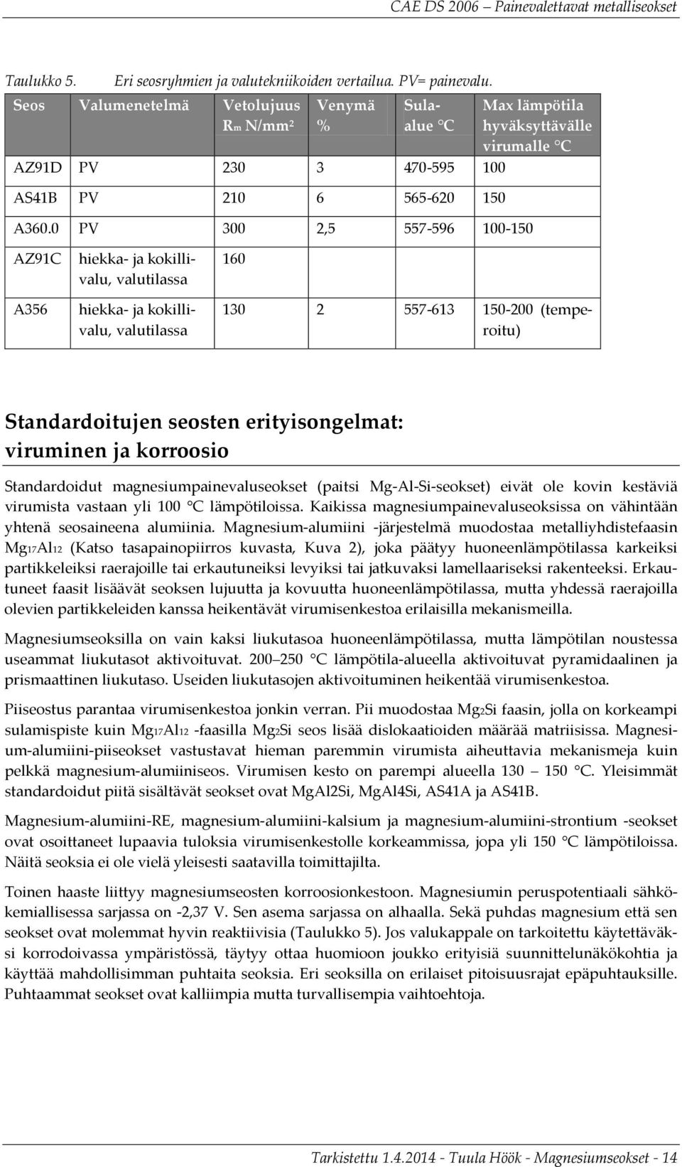 Standardoitujen seosten erityisongelmat: viruminen ja korroosio Standardoidut magnesiumpainevaluseokset (paitsi Mg-Al-Si-seokset) eivät ole kovin kestäviä virumista vastaan yli 100 C lämpötiloissa.