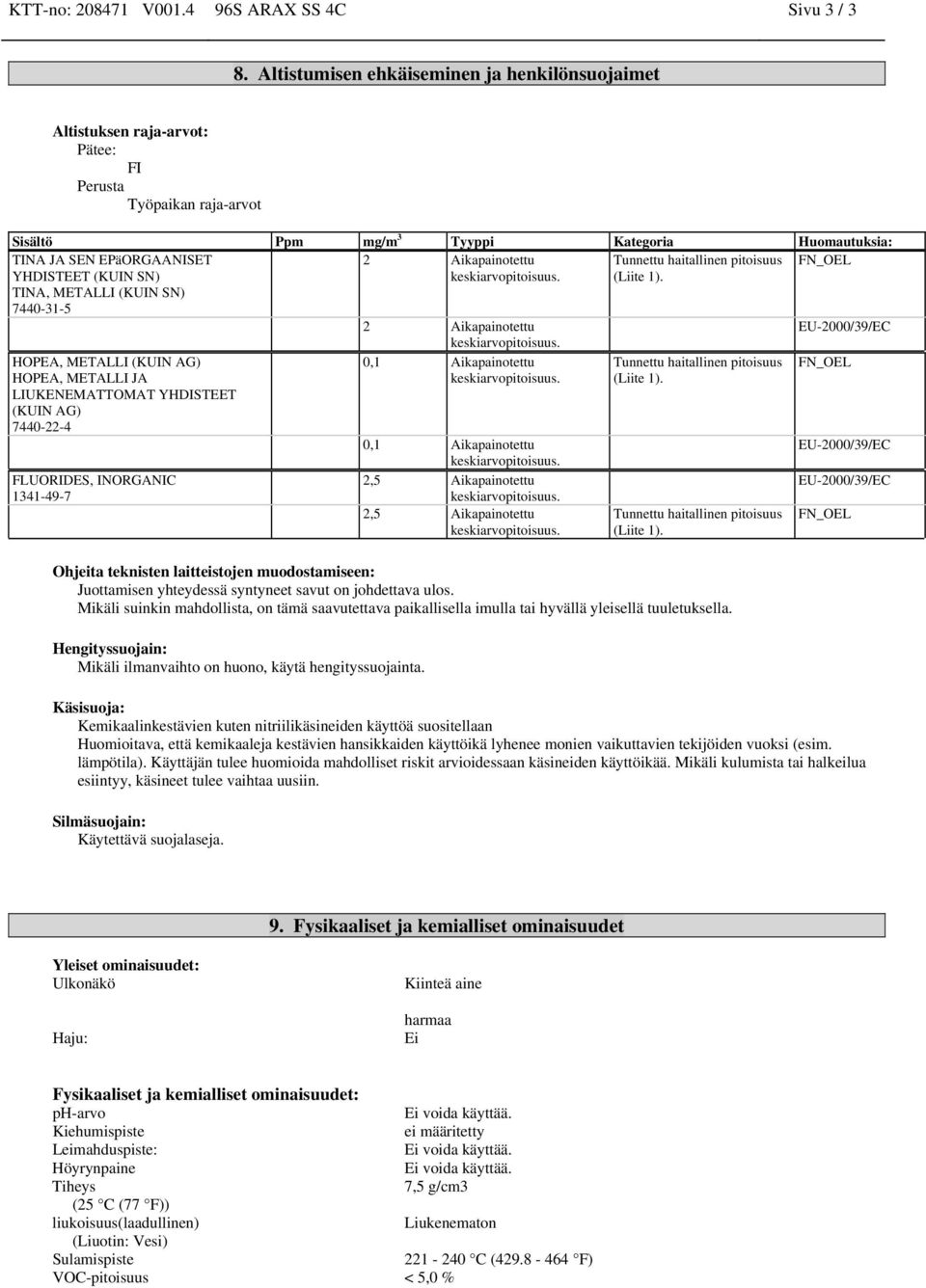 Aikapainotettu Tunnettu haitallinen pitoisuus FN_OEL YHDISTEET (KUIN SN) TINA, METALLI (KUIN SN) 7440-31-5 (Liite 1).