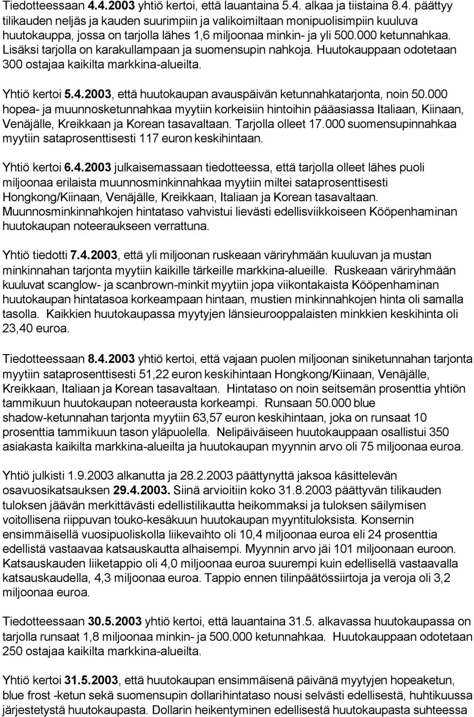 23, että huutokaupan avauspäivän ketunnahkatarjonta, noin 5. hopea- ja muunnosketunnahkaa myytiin korkeisiin hintoihin pääasiassa Italiaan, Kiinaan, Venäjälle, Kreikkaan ja Korean tasavaltaan.