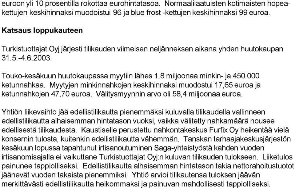 ketunnahkaa. Myytyjen minkinnahkojen keskihinnaksi muodostui 17,65 euroa ja ketunnahkojen 47,7 euroa. Välitysmyynnin arvo oli 58,4 miljoonaa euroa.