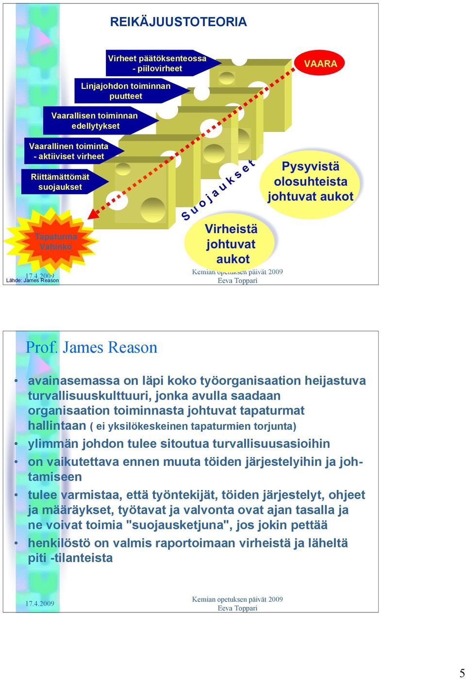 James Reason avainasemassa on läpi koko työorganisaation heijastuva turvallisuuskulttuuri, jonka avulla saadaan organisaation toiminnasta johtuvat tapaturmat hallintaan ( ei yksilökeskeinen