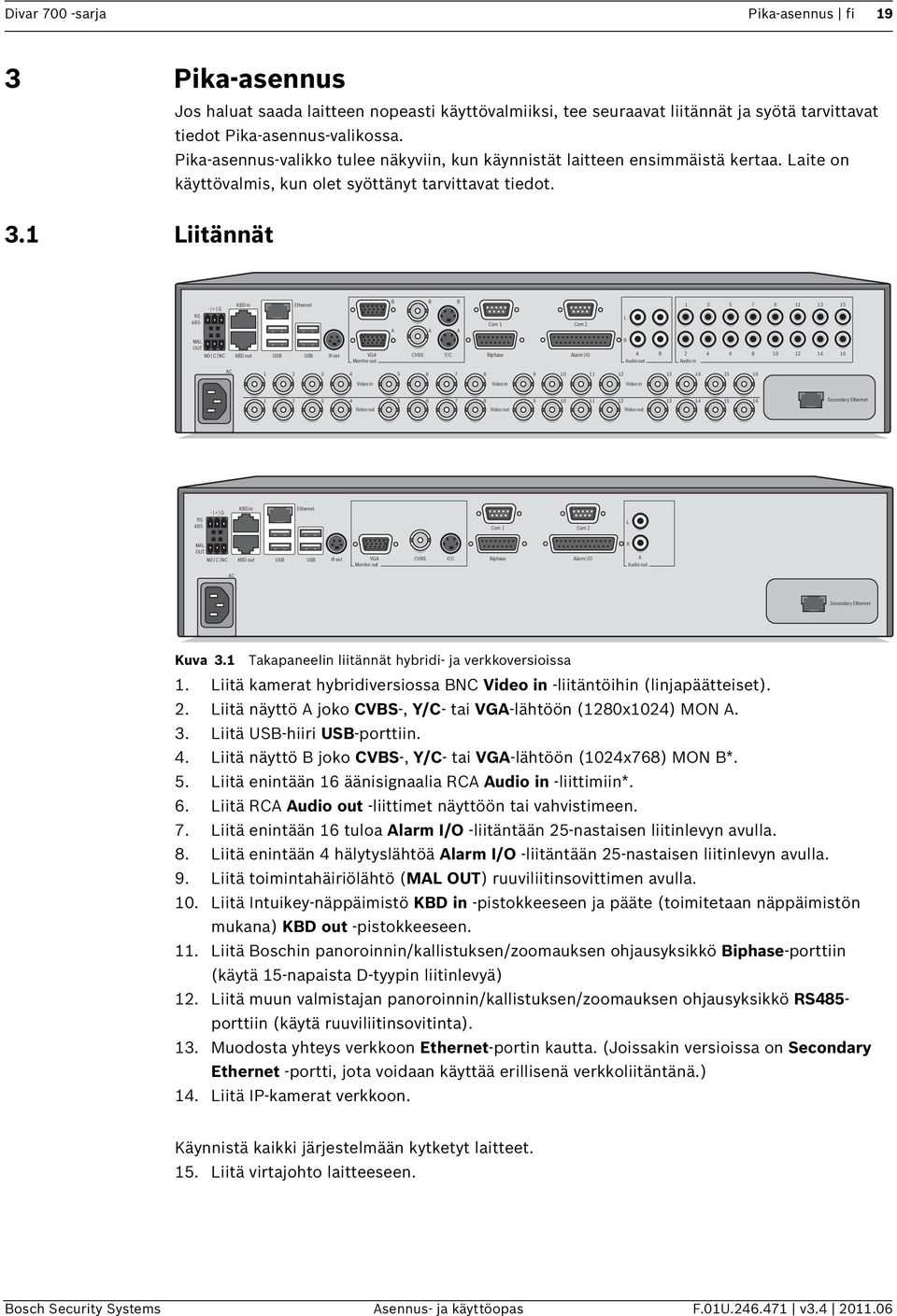 RS 485 - + G KBD in Ethernet B A B A B A Com 1 Com 2 L 1 3 5 7 9 11 13 15 MAL OUT N0 C NC KBD out USB USB IR ext VGA CVBS Y/C Biphase Monitor out Alarm I/O R A Audio out B 2 4 6 8 10 12 14 16 Audio