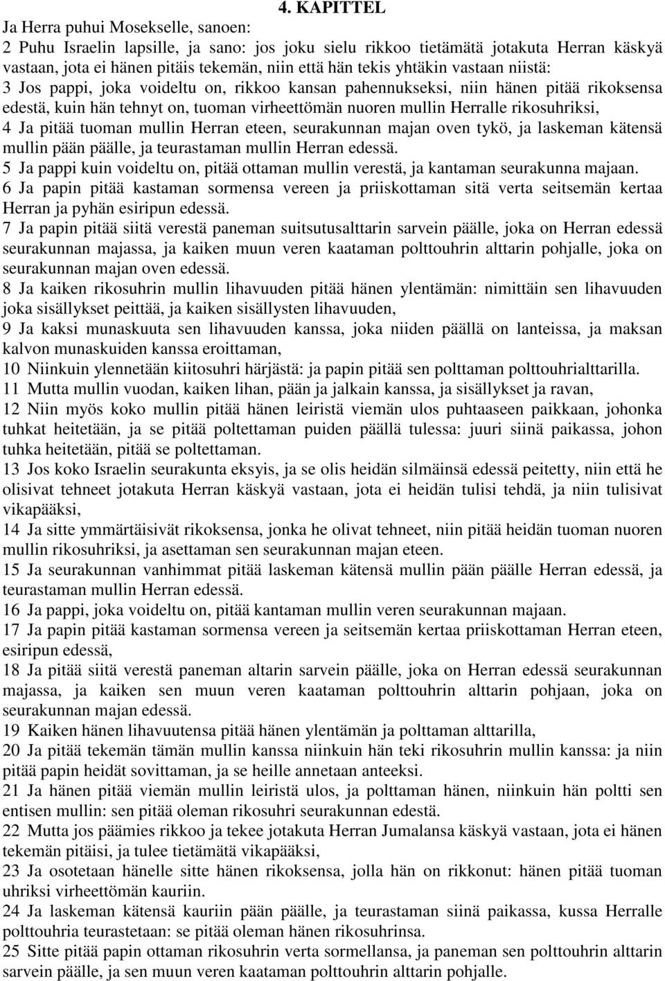 Ja pitää tuoman mullin Herran eteen, seurakunnan majan oven tykö, ja laskeman kätensä mullin pään päälle, ja teurastaman mullin Herran edessä.