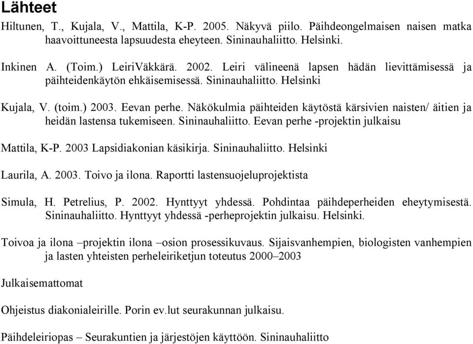 Näkökulmia päihteiden käytöstä kärsivien naisten/ äitien ja heidän lastensa tukemiseen. Sininauhaliitto. Eevan perhe -projektin julkaisu Mattila, K-P. 2003 Lapsidiakonian käsikirja. Sininauhaliitto. Helsinki Laurila, A.