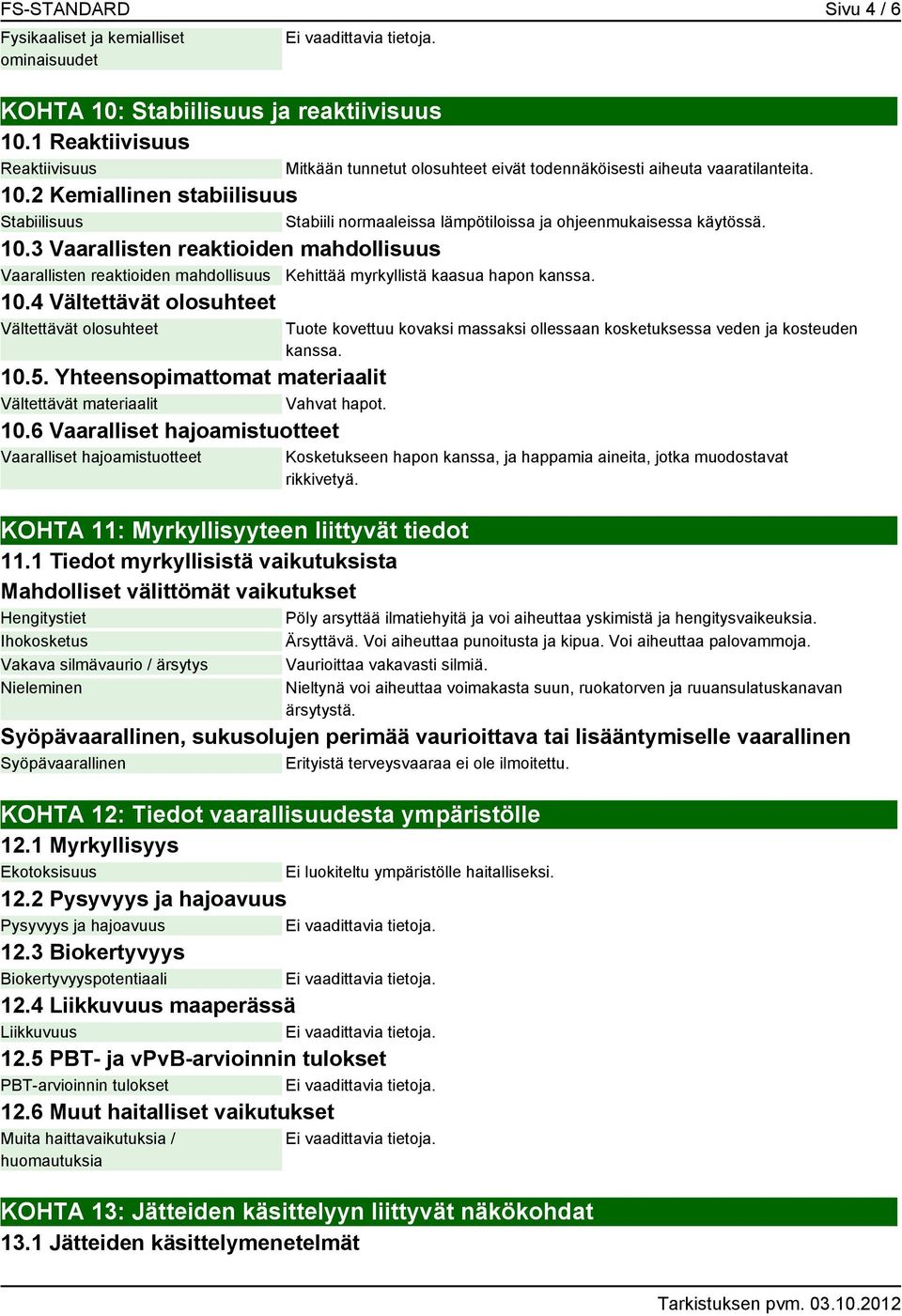 3 Vaarallisten reaktioiden mahdollisuus Vaarallisten reaktioiden mahdollisuus Kehittää myrkyllistä kaasua hapon kanssa. 10.4 Vältettävät olosuhteet Vältettävät olosuhteet 10.5.