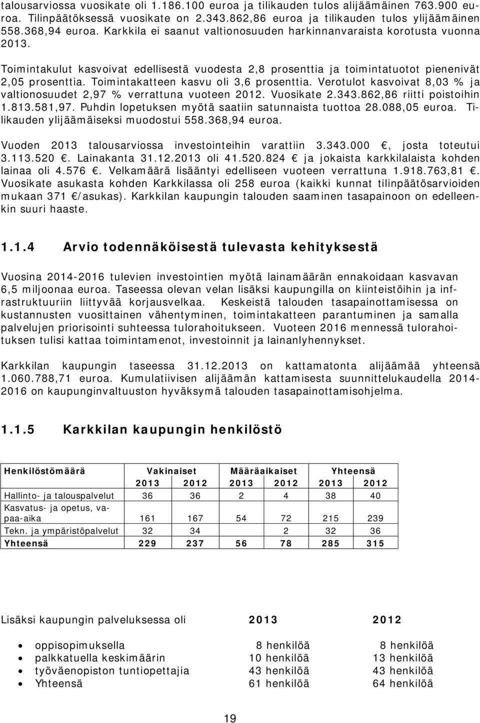 Toimintakatteen kasvu oli 3,6 prosenttia. Verotulot kasvoivat 8,03 % ja valtionosuudet 2,97 % verrattuna vuoteen 2012. Vuosikate 2.343.862,86 riitti poistoihin 1.813.581,97.