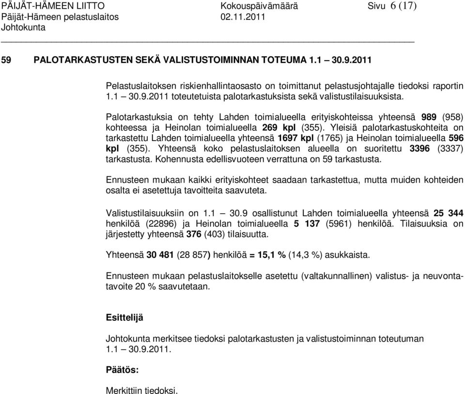 Palotarkastuksia on tehty Lahden toimialueella erityiskohteissa yhteensä 989 (958) kohteessa ja Heinolan toimialueella 269 kpl (355).