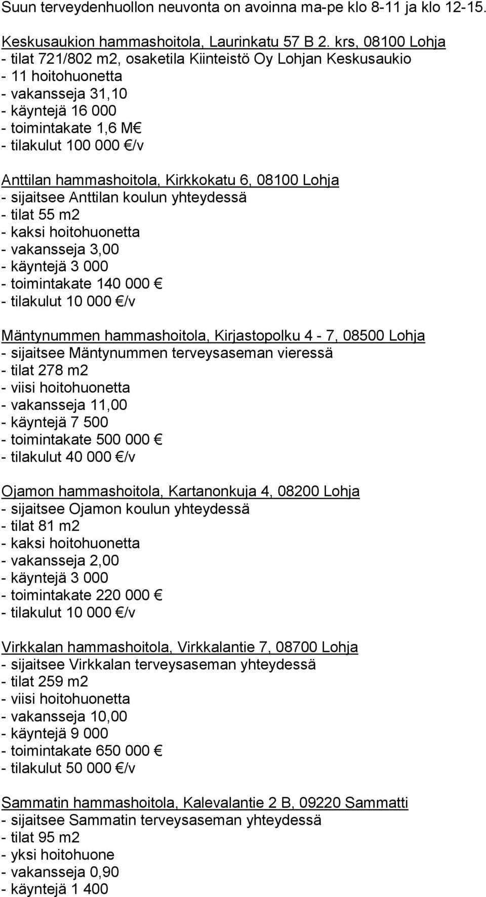 hammashoitola, Kirkkokatu 6, 08100 Lohja - sijaitsee Anttilan koulun yhteydessä - tilat 55 m2 - kaksi hoitohuonetta - vakansseja 3,00 - käyntejä 3 000 - toimintakate 140 000 - tilakulut 10 000 /v