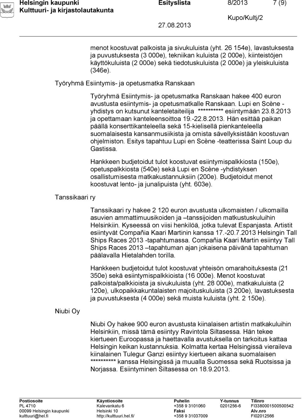 Työryhmä Esiintymis- ja opetusmatka Ranskaan Tanssikaari ry Niubi Oy Työryhmä Esiintymis- ja opetusmatka Ranskaan hakee 400 euron avustusta esiintymis- ja opetusmatkalle Ranskaan.