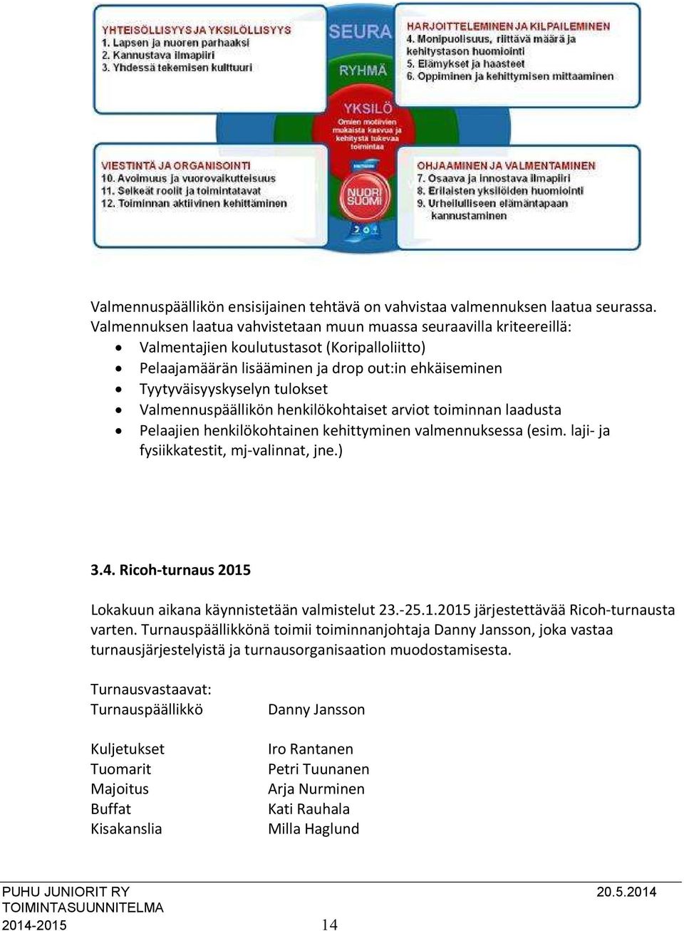 Valmennuspäällikön henkilökohtaiset arviot toiminnan laadusta Pelaajien henkilökohtainen kehittyminen valmennuksessa (esim. laji- ja fysiikkatestit, mj-valinnat, jne.) 3.4.