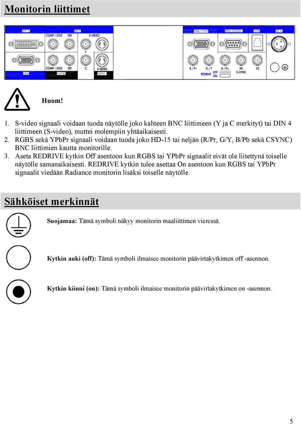 Aseta REDRIVE kytkin Off asentoon kun RGBS tai YPbPr signaalit eivät ole liitettynä toiselle näytölle samanaikaisesti.