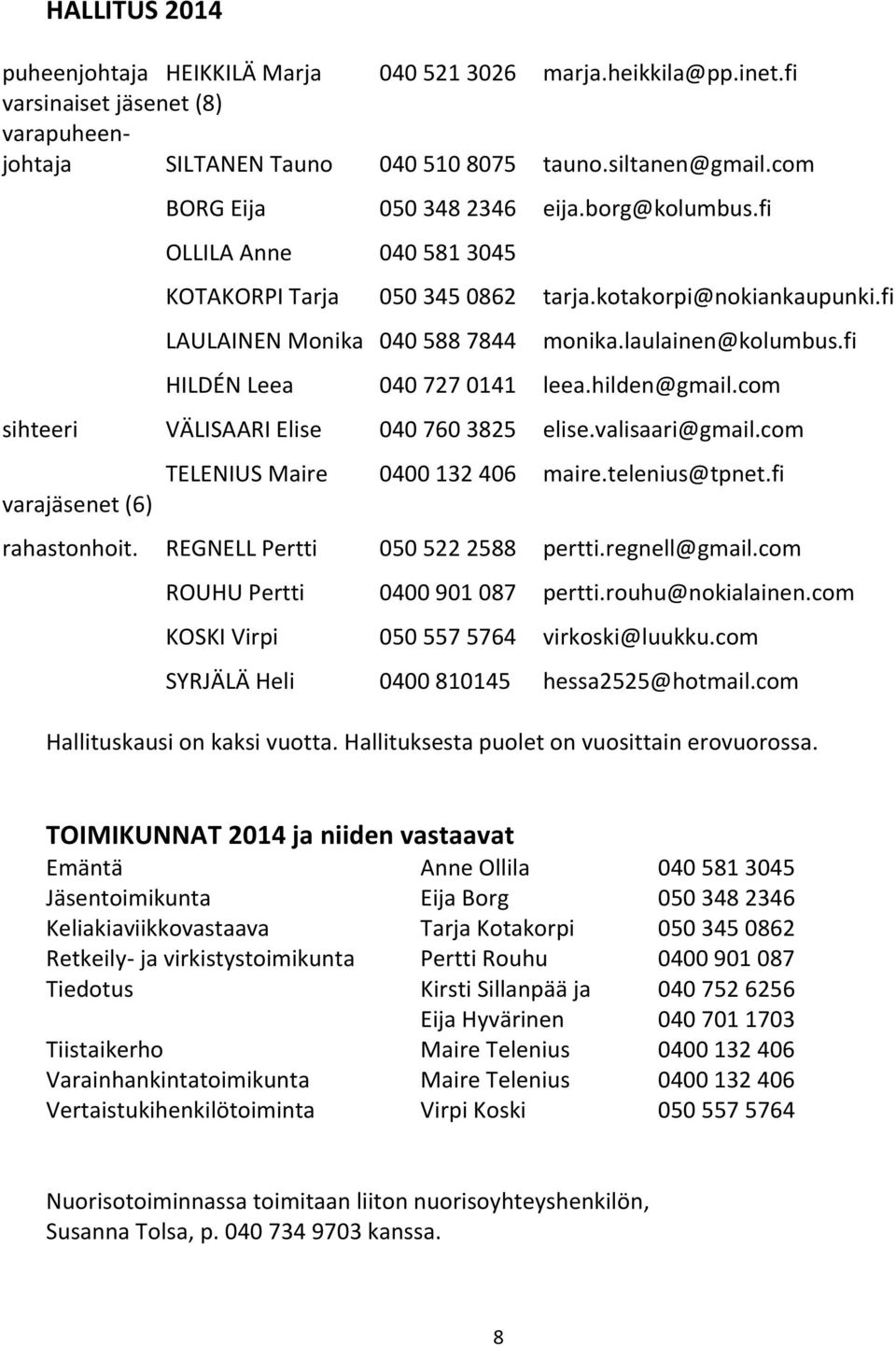 fi HILDÉN Leea 040 727 0141 leea.hilden@gmail.com sihteeri VÄLISAARI Elise 040 760 3825 elise.valisaari@gmail.com varajäsenet (6) TELENIUS Maire 0400 132 406 maire.telenius@tpnet.fi rahastonhoit.