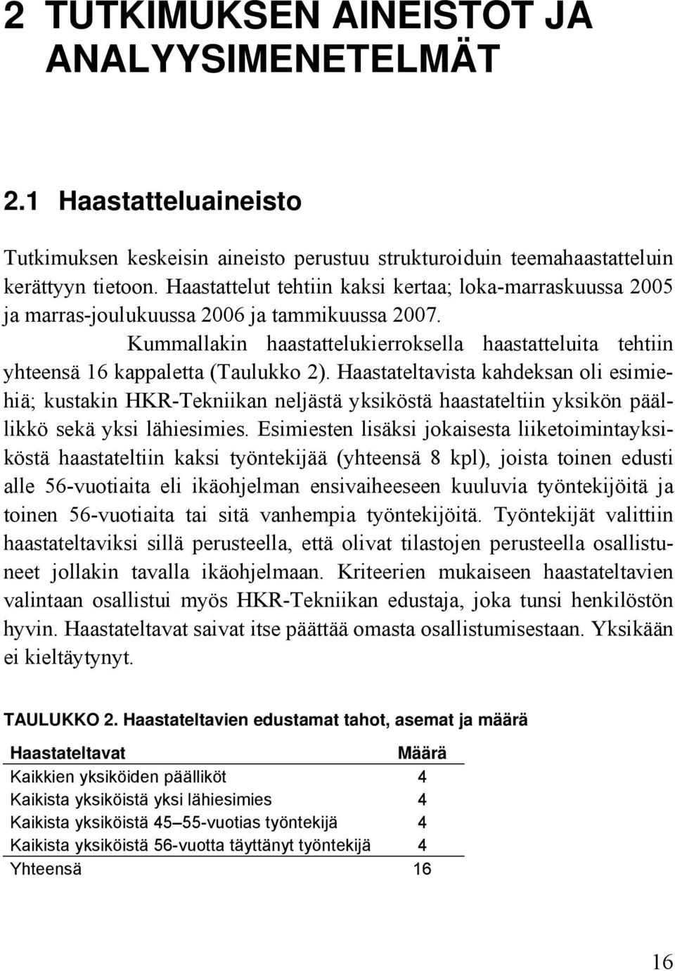 Kummallakin haastattelukierroksella haastatteluita tehtiin yhteensä 16 kappaletta (Taulukko 2).