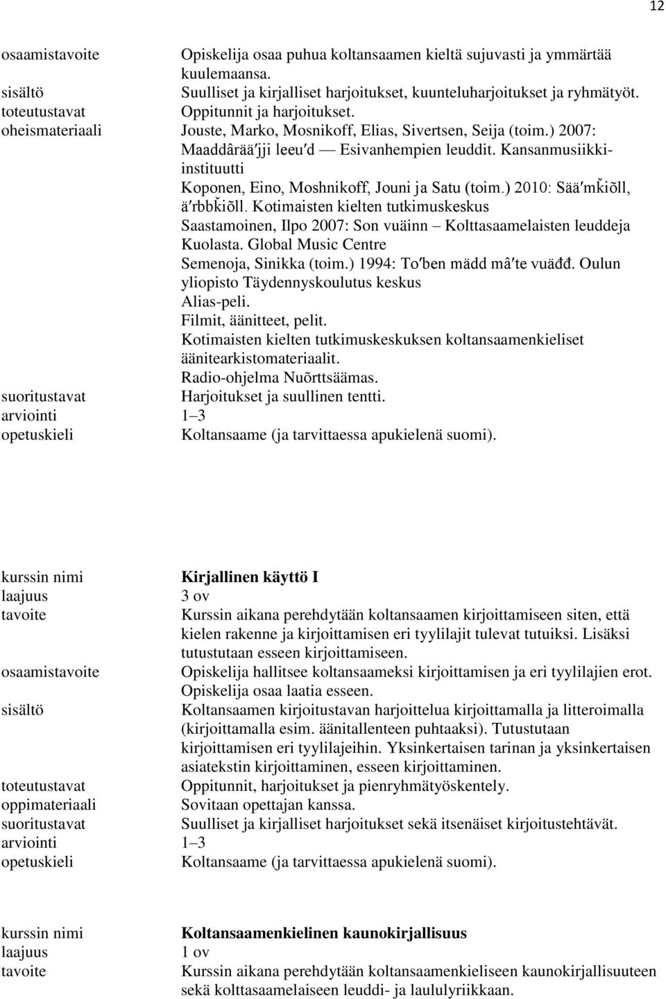 ) 2010: Sääʹmǩiõll, äʹrbbǩiõll. Kotimaisten kielten tutkimuskeskus Saastamoinen, Ilpo 2007: Son vuäinn Kolttasaamelaisten leuddeja Kuolasta. Global Music Centre Semenoja, Sinikka (toim.