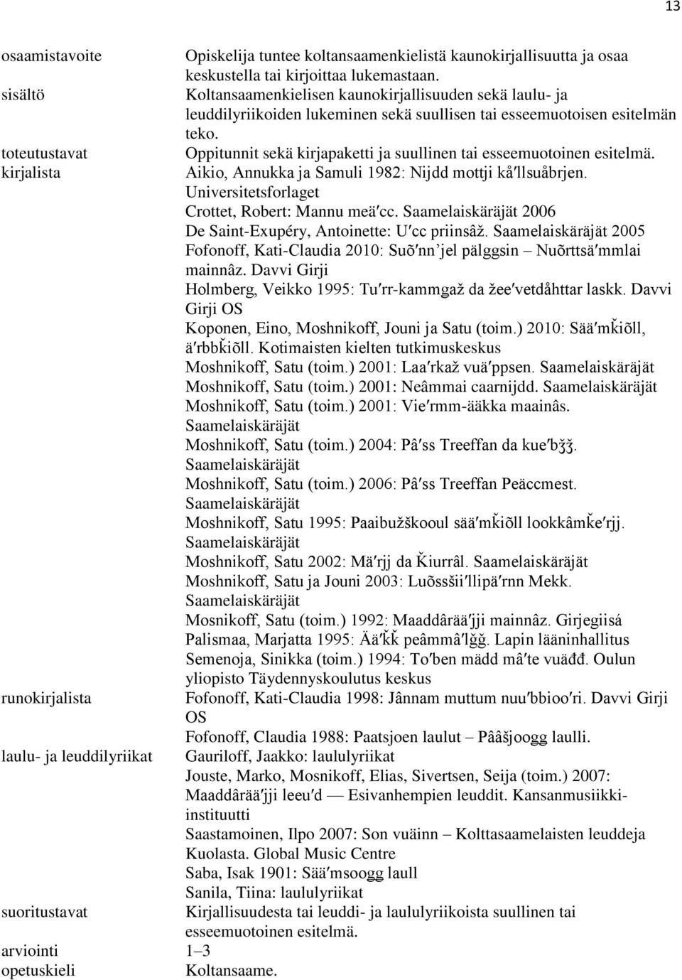 Oppitunnit sekä kirjapaketti ja suullinen tai esseemuotoinen esitelmä. Aikio, Annukka ja Samuli 1982: Nijdd mottji kåʹllsuåbrjen. Universitetsforlaget Crottet, Robert: Mannu meäʹcc.