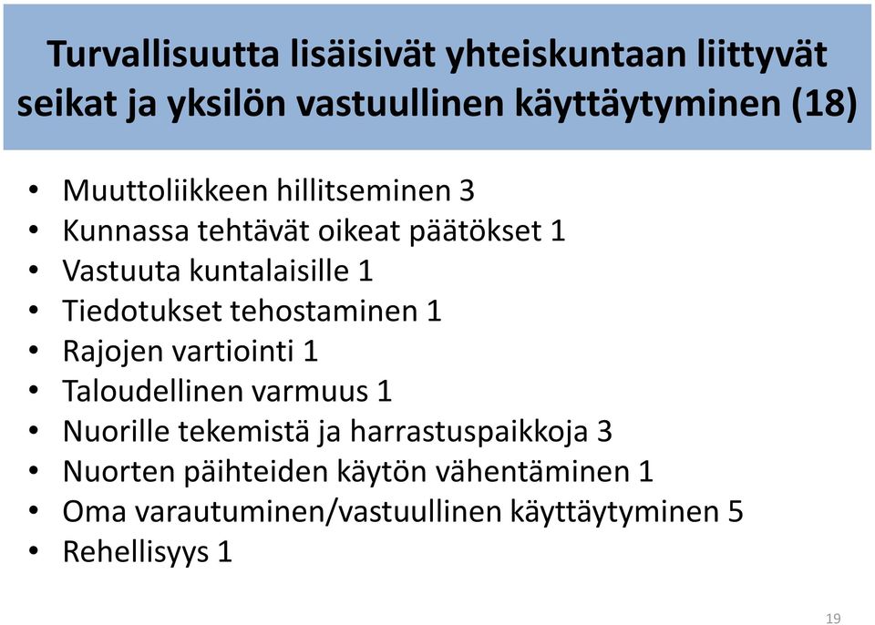 Tiedotukset tehostaminen 1 Rajojen vartiointi 1 Taloudellinen varmuus 1 Nuorille tekemistä ja