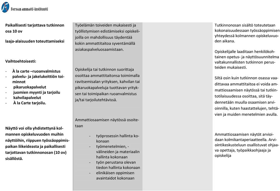 Näyttö voi olla yhdistettynä kolmannen opiskeluvuoden muihin näyttöihin, riippuen työssäoppimispaikan liikeideasta ja paikallisesti tarjottavan tutkinnonosan (10 ov) sisällöstä.