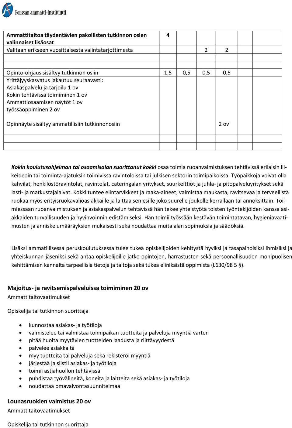 tutkinnonosiin 2 ov Kokin koulutusohjelman tai osaamisalan suorittanut kokki osaa toimia ruoanvalmistuksen tehtävissä erilaisin liikeideoin tai toiminta ajatuksin toimivissa ravintoloissa tai