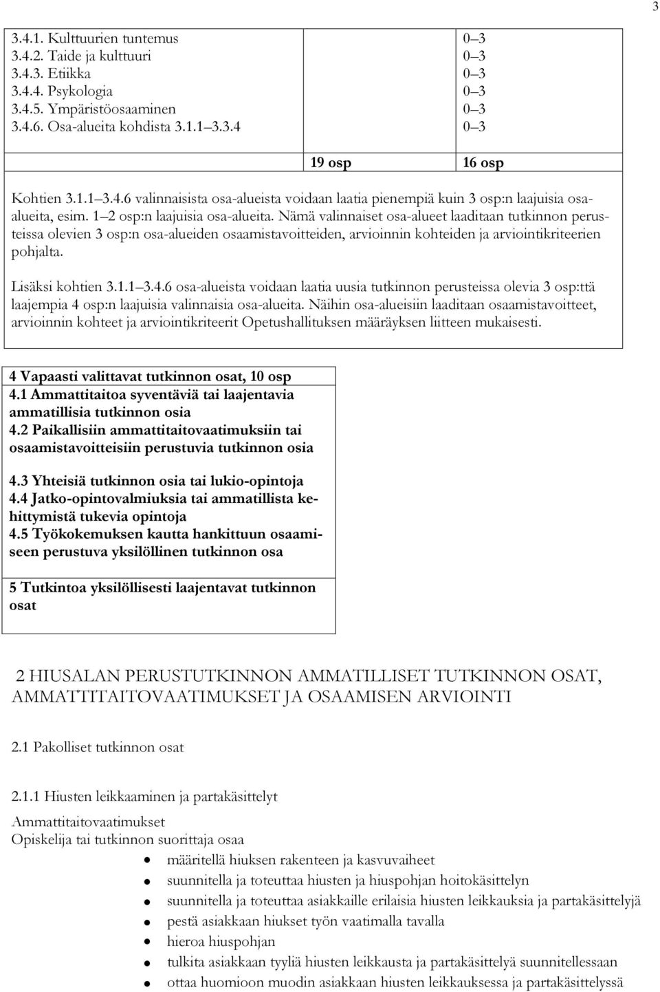 Nämä valinnaiset osa-alueet laaditaan tutkinnon perusteissa olevien 3 osp:n osa-alueiden osaamistavoitteiden, arvioinnin kohteiden ja arviointikriteerien pohjalta. Lisäksi kohtien 3.1.1 3.4.