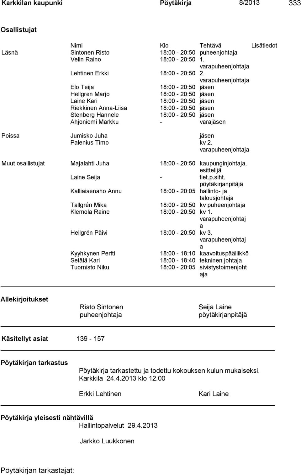 varapuheenjohtaja Elo Teija 18:00-20:50 jäsen Hellgren Marjo 18:00-20:50 jäsen Laine Kari 18:00-20:50 jäsen Riekkinen Anna-Liisa 18:00-20:50 jäsen Stenberg Hannele 18:00-20:50 jäsen Ahjoniemi Markku