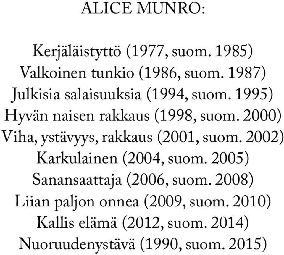 2000) Viha, ystävyys, rakkaus (2001, suom. 2002) Karkulainen (2004, suom.