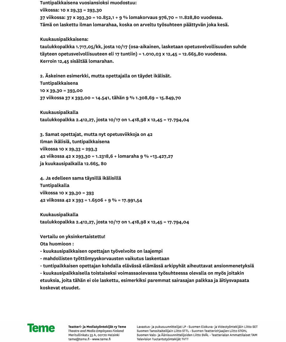 717,05/kk, josta 10/17 (osa-aikainen, lasketaan opetusvelvollisuuden suhde täyteen opetusvelvollisuuteen eli 17 tuntiin) = 1.010,03 x 12,45 = 12.665,80 vuodessa. Kerroin 12,45 sisältää lomarahan. 2.