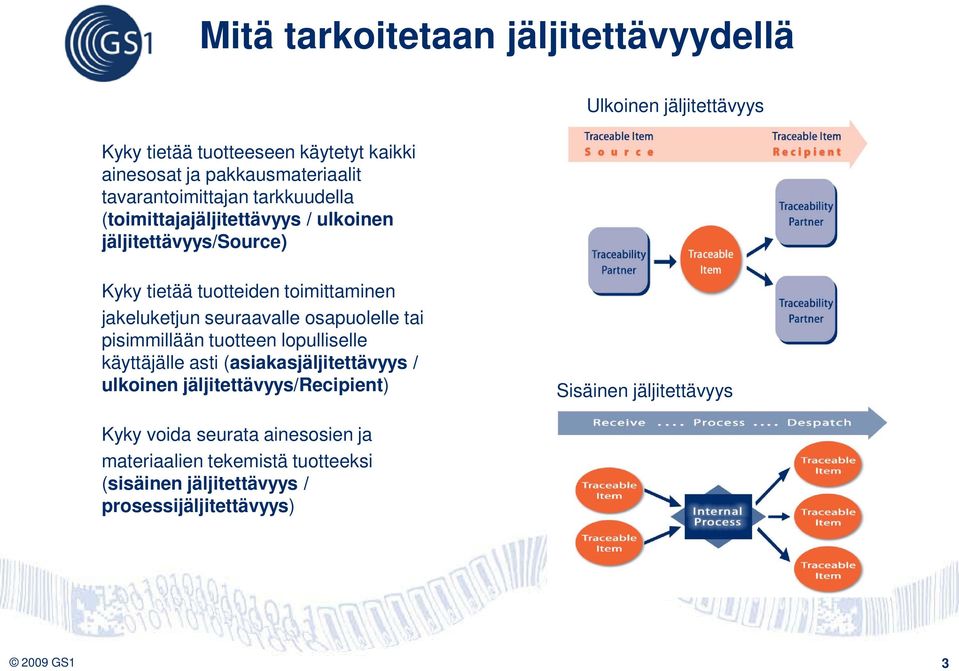 seuraavalle osapuolelle tai pisimmillään tuotteen lopulliselle käyttäjälle asti (asiakasjäljitettävyys / ulkoinen jäljitettävyys/recipient)