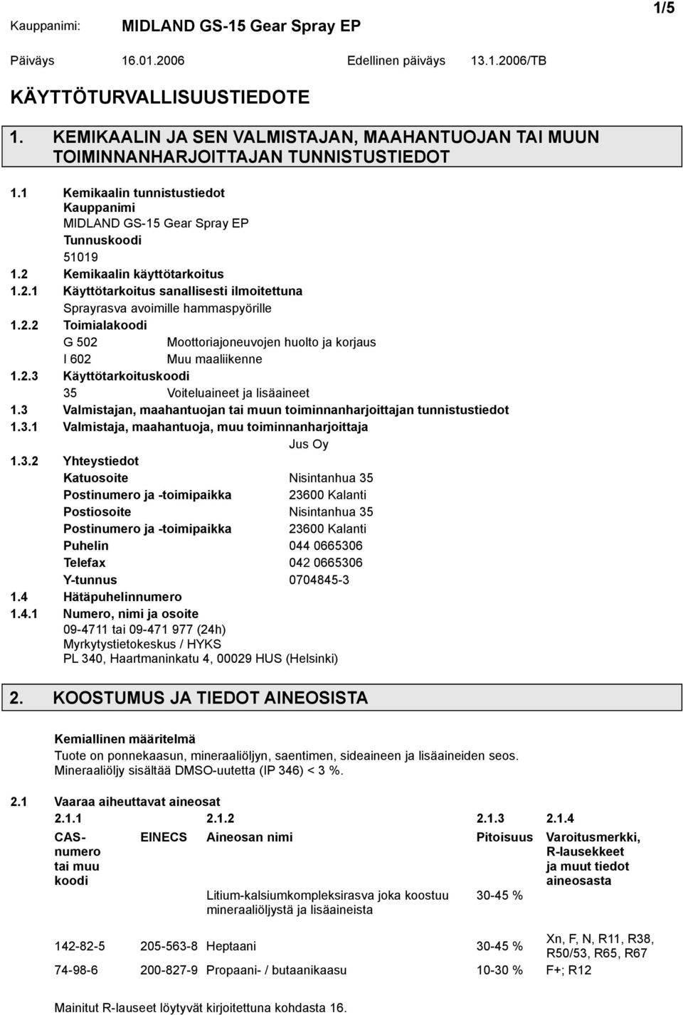 2.3 Käyttötarkoituskoodi 35 Voiteluaineet ja lisäaineet 1.3 Valmistajan, maahantuojan tai muun toiminnanharjoittajan tunnistustiedot 1.3.1 Valmistaja, maahantuoja, muu toiminnanharjoittaja Jus Oy