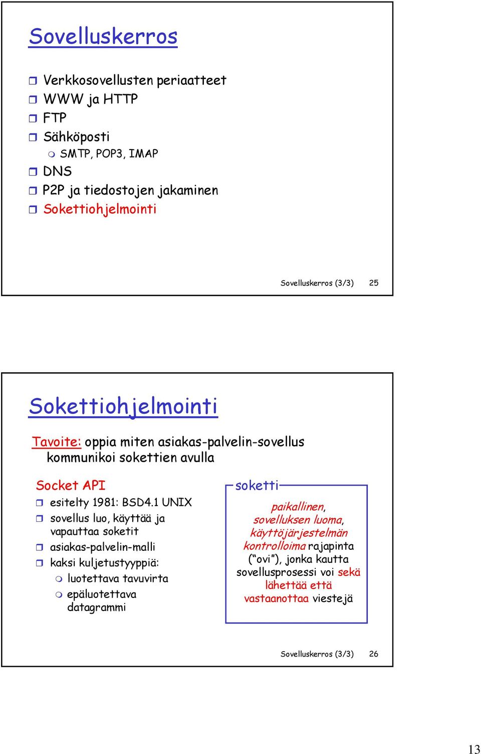 1 UNIX sovellus luo, käyttää ja vapauttaa soketit asiakas-palvelin-malli kaksi kuljetustyyppiä: luotettava tavuvirta epäluotettava datagrammi soketti