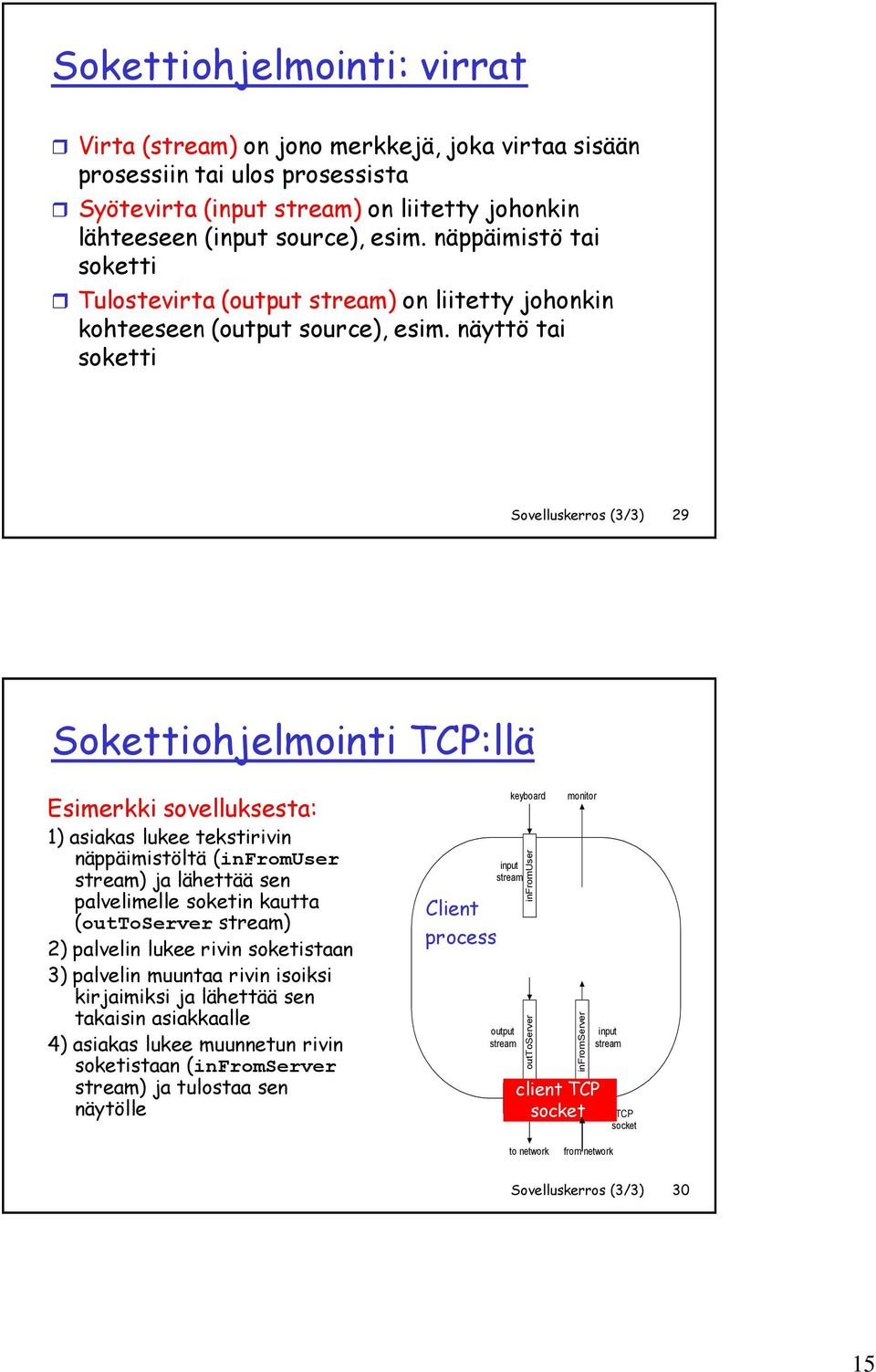 näyttö tai soketti Sovelluskerros (3/3) 29 Sokettiohjelmointi TCP:llä Esimerkki sovelluksesta: 1) asiakas lukee tekstirivin näppäimistöltä (infromuser stream) ja lähettää sen palvelimelle soketin