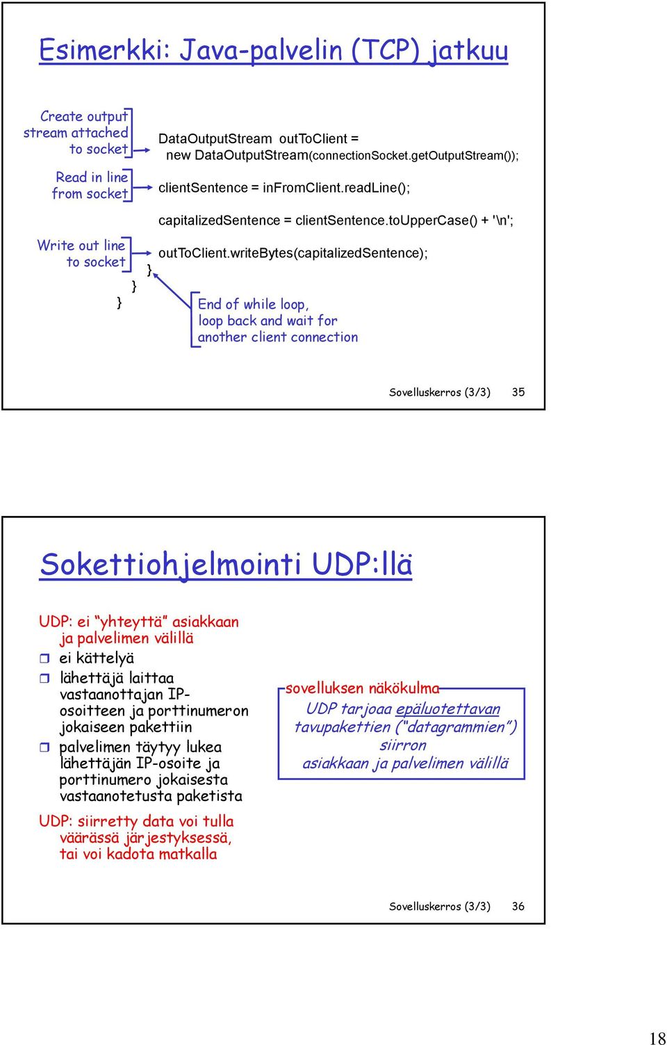writebytes(capitalizedsentence); End of while loop, loop back and wait for another client connection Sovelluskerros (3/3) 35 Sokettiohjelmointi UDP:llä UDP: ei yhteyttä asiakkaan ja palvelimen