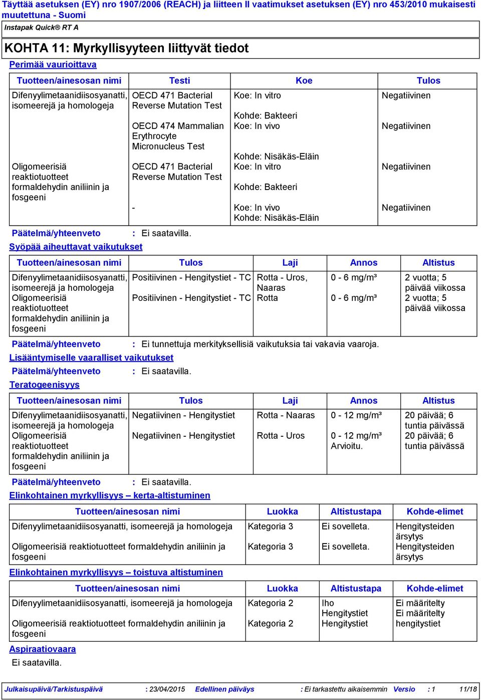 viikossa Teratogeenisyys OECD 471 Bacterial Reverse Mutation Test OECD 474 Mammalian Erythrocyte Micronucleus Test OECD 471 Bacterial Reverse Mutation Test Koe In vitro Kohde Bakteeri Koe In vivo