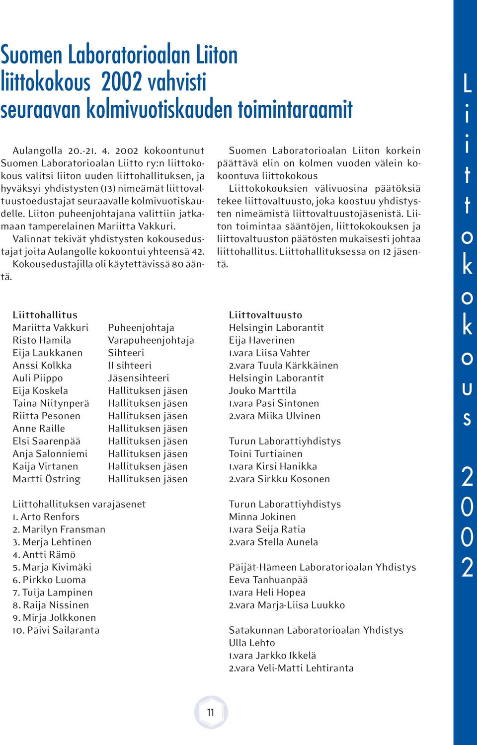 Liiton puheenjohtajana valittiin jatkamaan tamperelainen Mariitta Vakkuri. Valinnat tekivät yhdistysten kokousedustajat joita Aulangolle kokoontui yhteensä 42.