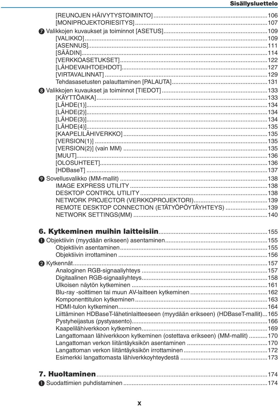 ..134 [LÄHDE(3)]...134 [LÄHDE(4)]...135 [KAAPELILÄHIVERKKO]...135 [VERSION(1)]...135 [VERSION(2)] (vain MM)...135 [MUUT]...136 [OLOSUHTEET]...136 [HDBaseT]...137 ❾ Sovellusvalikko (MM-mallit).