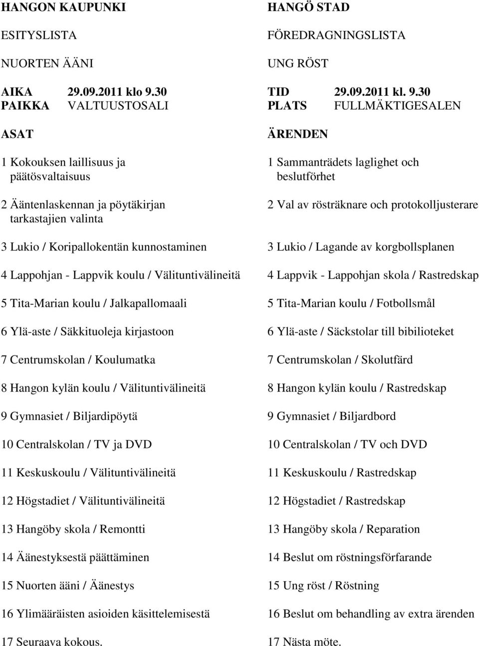 30 PAIKKA VALTUUSTOSALI PLATS FULLMÄKTIGESALEN ASAT ÄRENDEN 1 Kokouksen laillisuus ja 1 Sammanträdets laglighet och päätösvaltaisuus beslutförhet 2 Ääntenlaskennan ja pöytäkirjan 2 Val av rösträknare