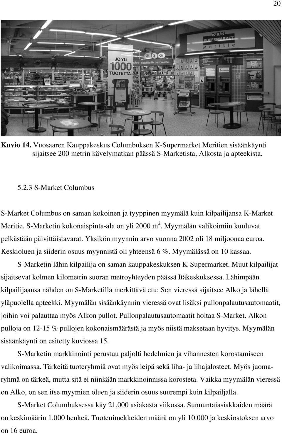 Keskioluen ja siiderin osuus myynnistä oli yhteensä 6 %. Myymälässä on 10 kassaa. S-Marketin lähin kilpailija on saman kauppakeskuksen K-Supermarket.