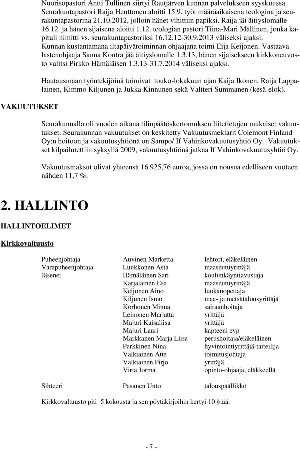 2013 väliseksi ajaksi. Kunnan kustantamana iltapäivätoiminnan ohjaajana toimi Eija Keijonen. Vastaava lastenohjaaja Sanna Kontra jää äitiyslomalle 1.3.13, hänen sijaisekseen kirkkoneuvosto valitsi Pirkko Hämäläisen 1.