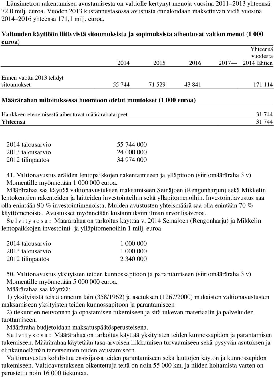 Valtuuden käyttöön liittyvistä sitoumuksista ja sopimuksista aiheutuvat valtion menot (1 000 euroa) Yhteensä vuodesta 2015 2016 2017 lähtien Ennen vuotta tehdyt sitoumukset 55 744 71 529 43 841 171