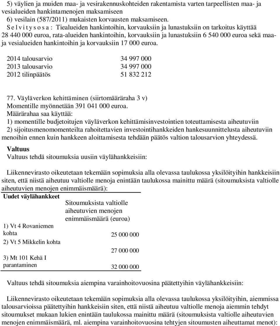 vesialueiden hankintoihin ja korvauksiin 17 000 euroa. 34 997 000 34 997 000 2012 tilinpäätös 51 832 212 77. Väyläverkon kehittäminen (siirtomääräraha 3 v) Momentille myönnetään 391 041 000 euroa.