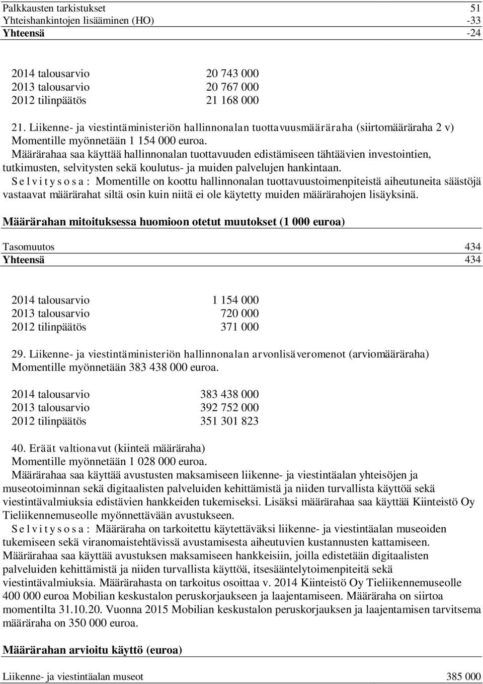 Määrärahaa saa käyttää hallinnonalan tuottavuuden edistämiseen tähtäävien investointien, tutkimusten, selvitysten sekä koulutus- ja muiden palvelujen hankintaan.