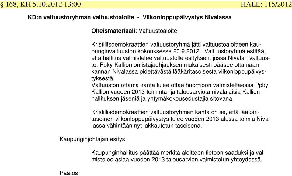 kaupunginvaltuuston kokouksessa 20.9.2012.