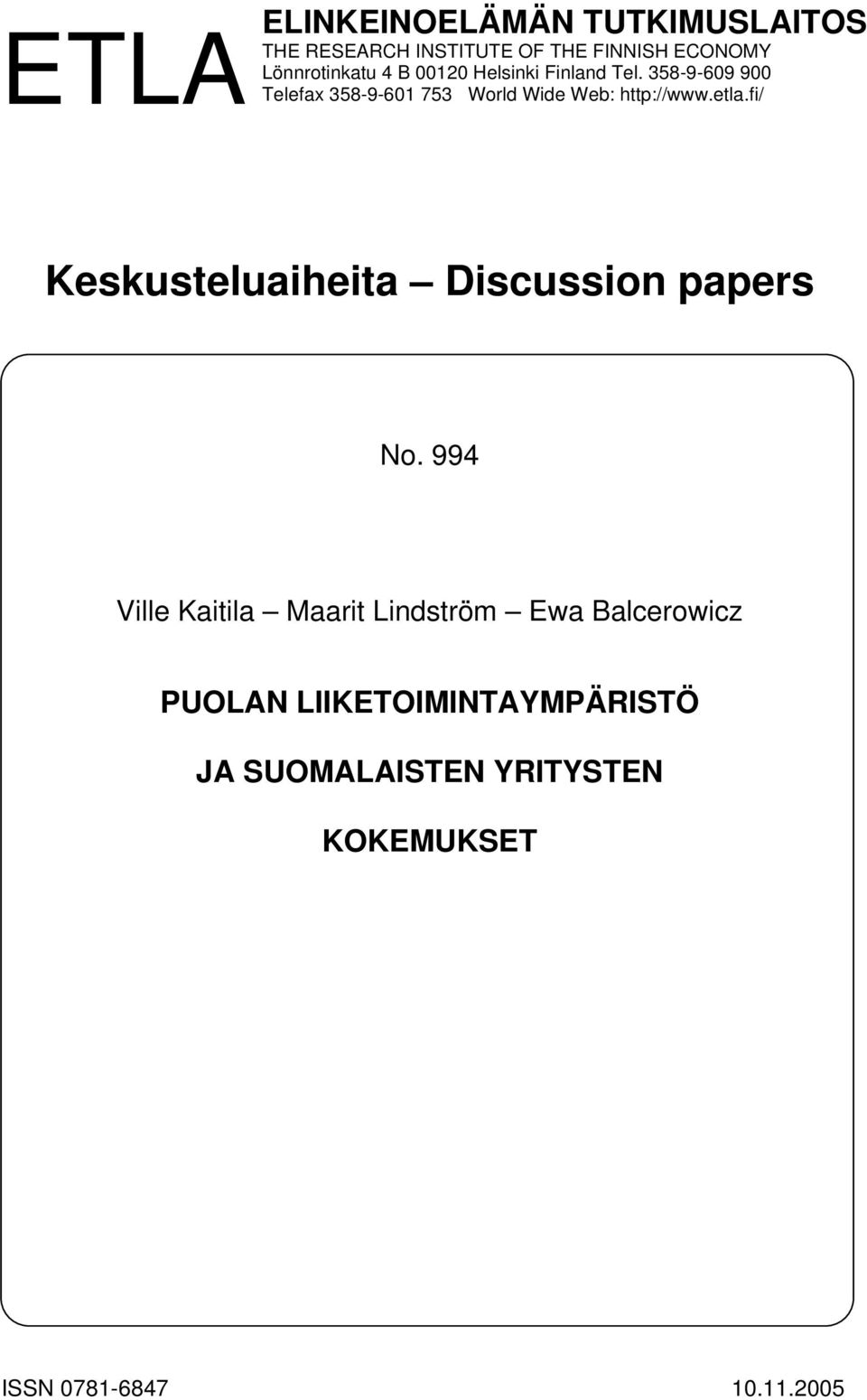 etla.fi/ Keskusteluaiheita Discussion papers No.