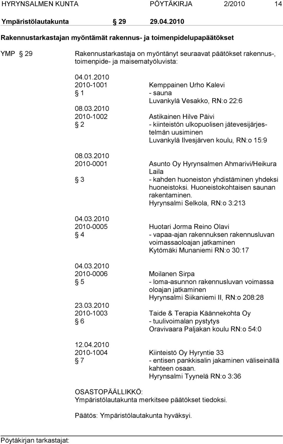 03.2010 2010-1002 Astikainen Hilve Päivi 2 - kiinteistön ulkopuolisen jätevesijärjestelmän uusiminen Luvankylä Ilvesjärven koulu, RN:o 15:9 08.03.2010 2010-0001 Asunto Oy Hyrynsalmen Ahmarivi/Heikura Laila 3 - kahden huoneiston yhdistäminen yhdeksi huoneistoksi.