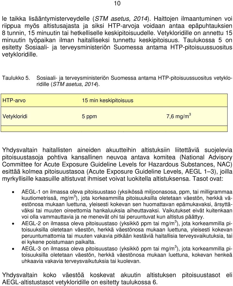 Vetykloridille on annettu 15 minuutin työpaikan ilman haitalliseksi tunnettu keskipitoisuus.