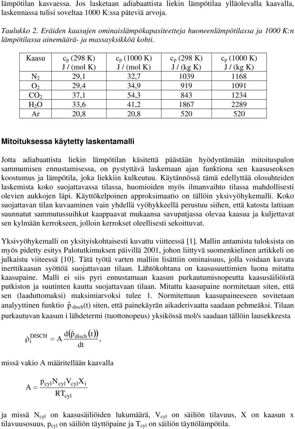 Kaasu c p (298 K) J / (mol K) c p (1 K) J / (mol K) c p (298 K) J / (kg K) c p (1 K) J / (kg K) N 2 29,1 32,7 139 1168 O 2 29,4 34,9 919 191 CO 2 37,1 54,3 843 1234 H 2 O 33,6 41,2 1867 2289 Ar 2,8