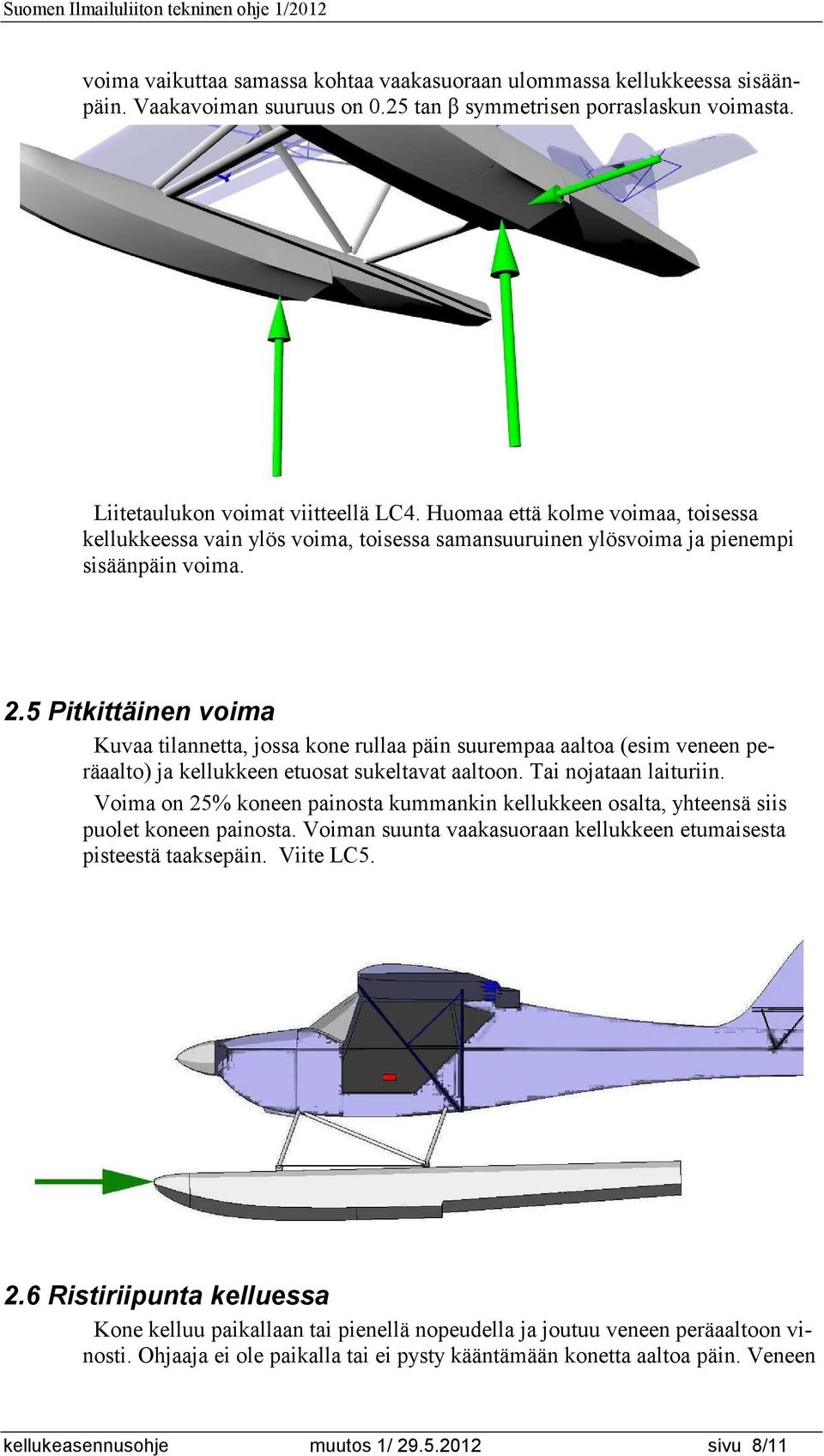 5 Pitkittäinen voima Kuvaa tilannetta, jossa kone rullaa päin suurempaa aaltoa (esim veneen peräaalto) ja kellukkeen etuosat sukeltavat aaltoon. Tai nojataan laituriin.